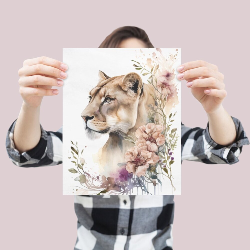 Cute Floral Lioness Watercolor Wall Art Illustration Print Poster Card Unframed - Picture 4 of 5